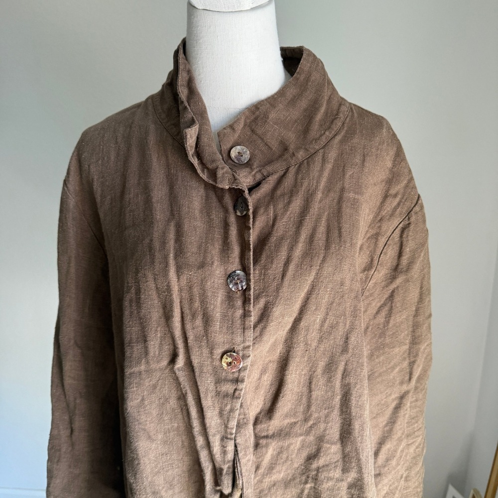 Bryn Walker Linen Button Down Jacket Unique Collar Oversized Brown Top - Picture 3 of 11